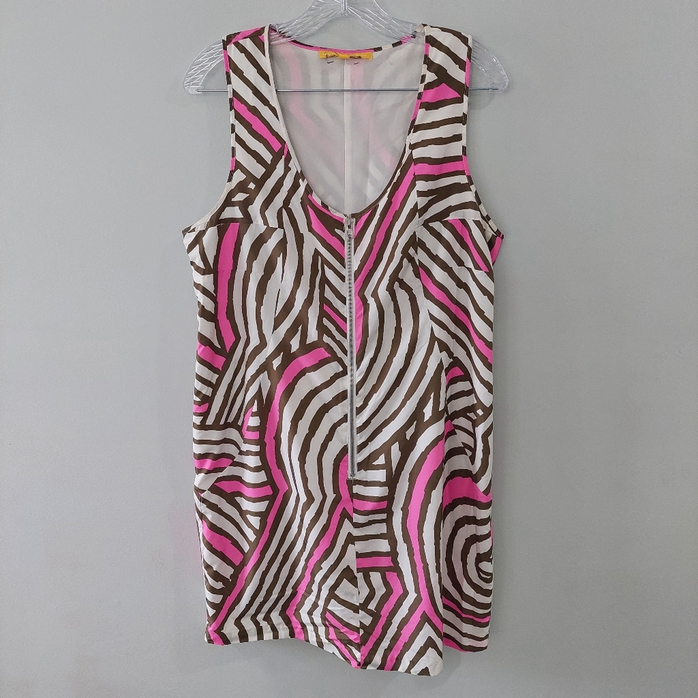 Walter By Walter Baker Dress Large Pink Brown White Scoop Neck Sleeveless Zipper
